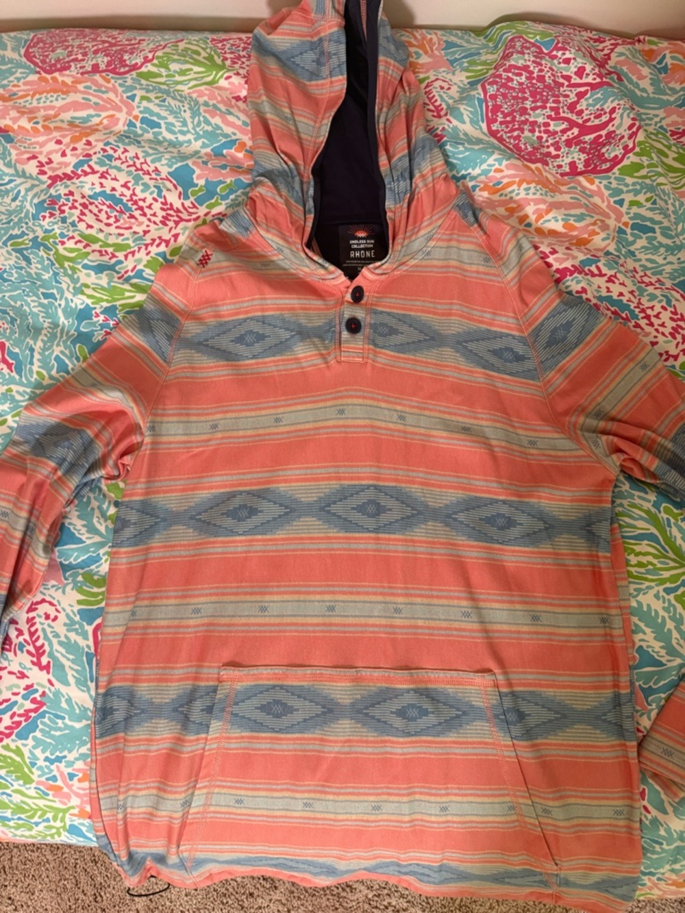 EUC RHONE Limited Edition Coral and Light Blue Striped Hooded Henley